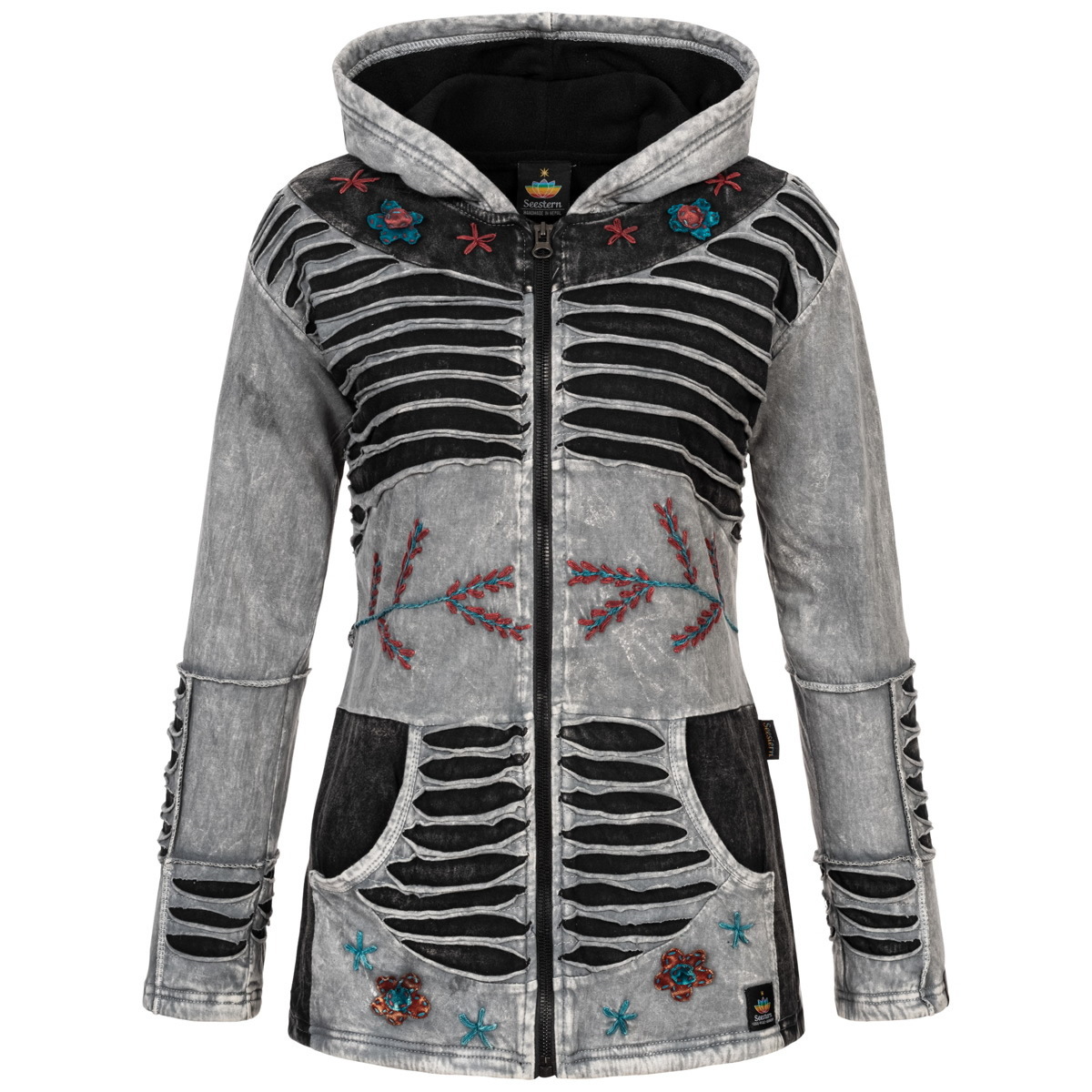 Ankerglut Nepalliebe Damen Patchwork Jacke Handarbeit in großen Größen – Grau