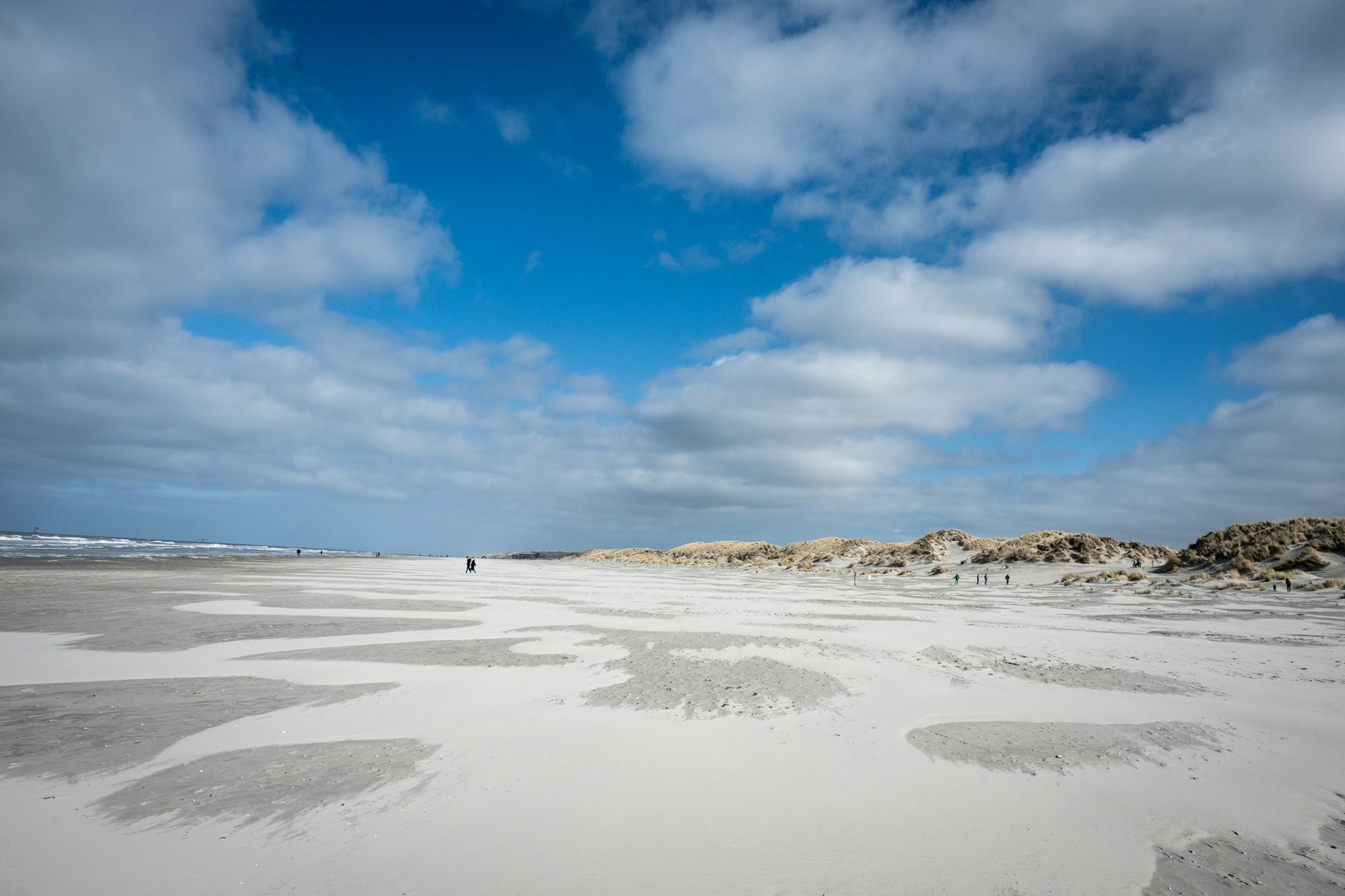 Weite Sandbank mit Dünen unter blauem Himmel an der Nordsee