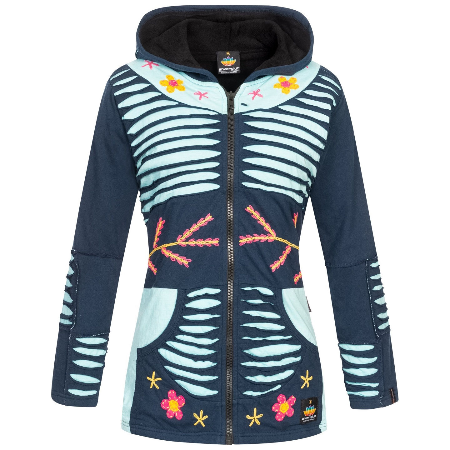 Ankerglut Nepalliebe Damen Patchwork Jacke Handarbeit in großen Größen – Ocean
