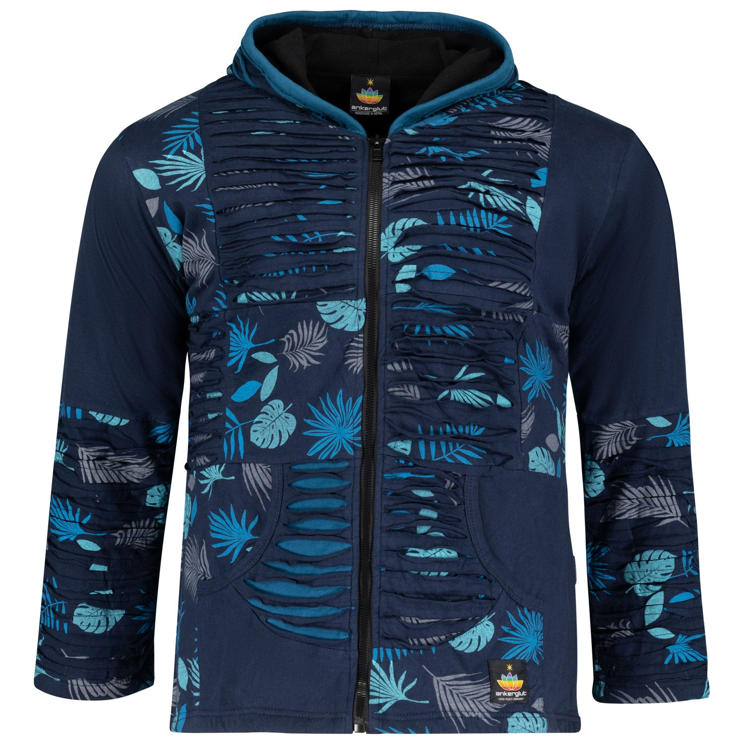 Ankerglut Nepalliebe Damen Patchwork Jacke Handarbeit in großen Größen – Navy