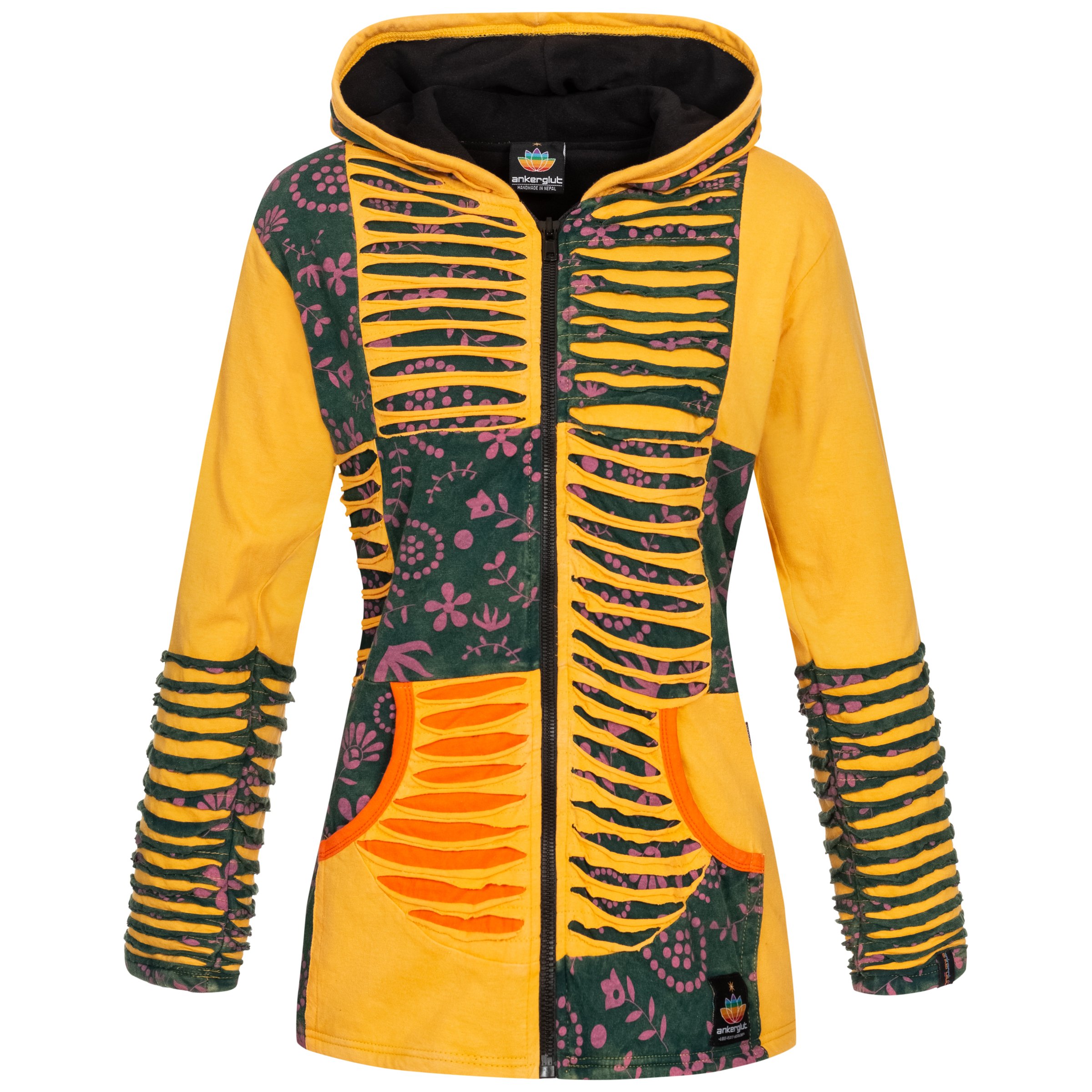 Ankerglut Nepalliebe Damen Patchwork Jacke Handarbeit in großen Größen – Ocker