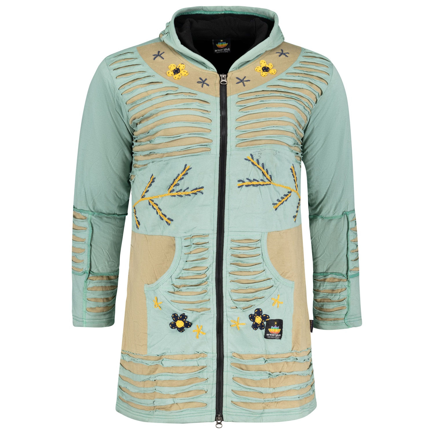 Ankerglut Nepalherz Patchwork Mantel Damen große Größen – Olive