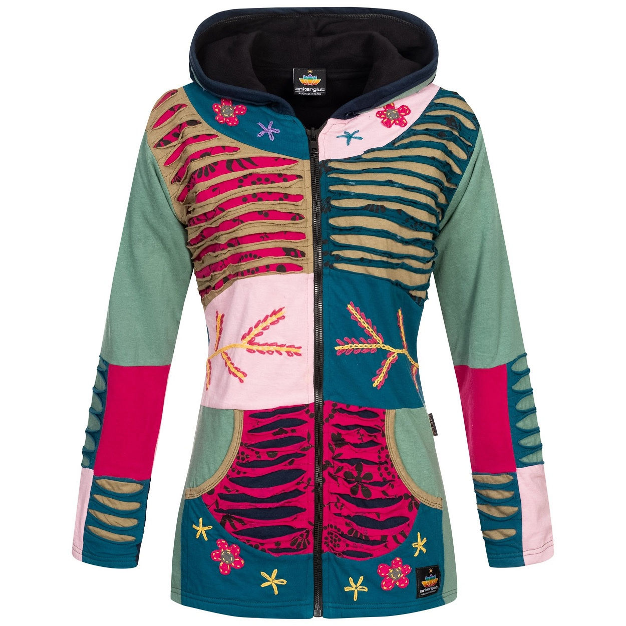 Ankerglut Nepalliebe Damen Patchwork Jacke Handarbeit in großen Größen – Olive